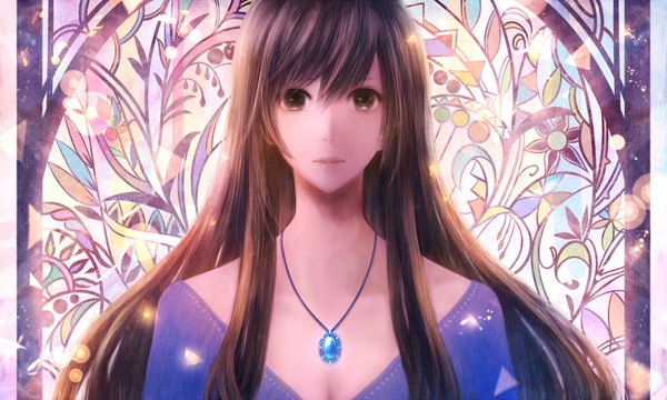 Anime picture 1650x990 with original bounin single long hair looking at viewer fringe brown hair wide image brown eyes parted lips lips lens flare girl pendant stained glass
