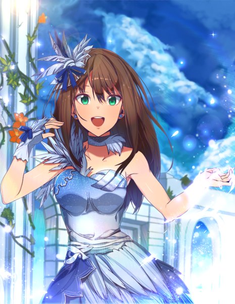 Anime picture 748x965 with idolmaster idolmaster cinderella girls shibuya rin erere single long hair tall image looking at viewer open mouth blue eyes brown hair girl dress gloves hair ornament fingerless gloves