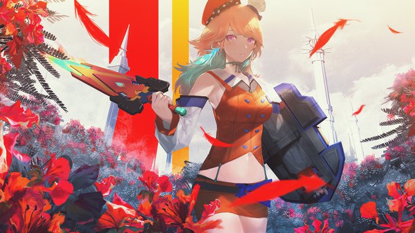Anime picture 1920x1080 with virtual youtuber hololive hololive english takanashi kiara huke single long hair highres wide image purple eyes multicolored hair orange hair aqua hair two-tone hair bare belly colored inner hair girl skirt flower (flowers) weapon