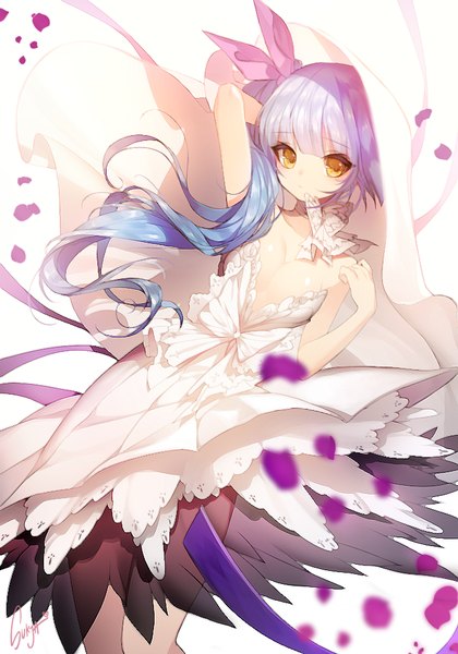 Anime picture 700x1000 with original sorolp single long hair tall image looking at viewer simple background white background brown eyes blue hair depth of field side ponytail girl dress ribbon (ribbons) hair ribbon petals white dress
