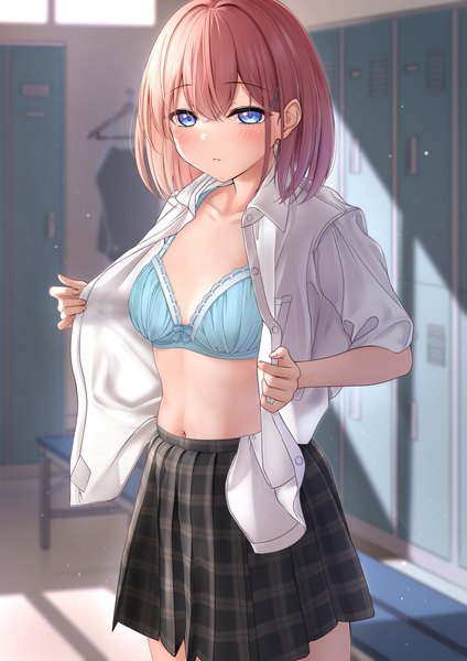 Anime picture 2894x4093 with original monaka curl single tall image looking at viewer blush fringe highres short hair breasts blue eyes light erotic hair between eyes brown hair standing indoors pleated skirt sunlight blurry open shirt