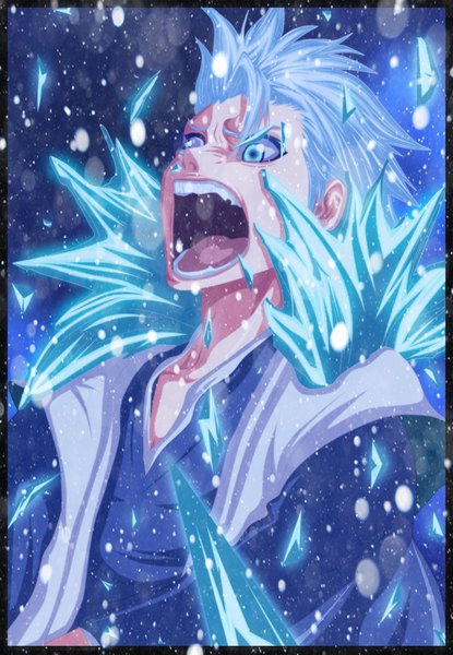 Anime picture 1200x1735 with bleach studio pierrot hitsugaya toushirou hollowcn single tall image short hair open mouth blue eyes blue hair coloring magic snowing winter framed angry boy ice debris