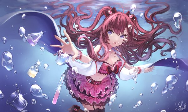 Anime picture 3000x1782 with idolmaster idolmaster cinderella girls ichinose shiki mairo (ilo) single long hair looking at viewer highres open mouth blue eyes wide image signed purple hair two side up underwater mystic elixir girl thighhighs dress bow