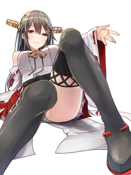 Anime picture 900x1200 with kantai collection haruna battleship baffu single long hair tall image looking at viewer blush fringe breasts light erotic black hair simple background smile hair between eyes white background bare shoulders brown eyes bent knee (knees) traditional clothes