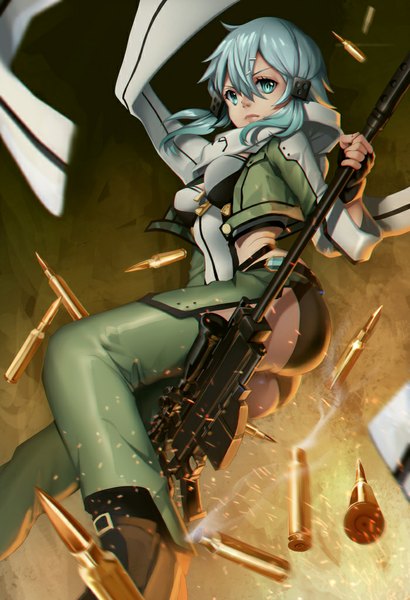 Anime picture 700x1023 with sword art online a-1 pictures asada shino lucidsky single tall image looking at viewer short hair blue eyes blue hair girl weapon jacket shorts boots scarf gun sniper rifle cartridge
