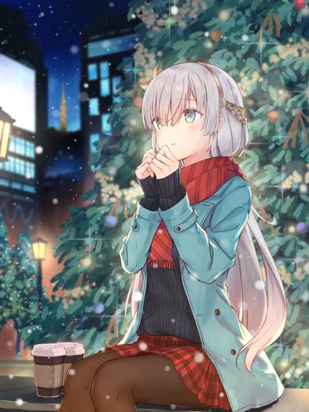 Anime picture 1308x1743 with fate (series) fate/grand order anastasia (fate) kyaroru single long hair tall image fringe sitting looking away silver hair outdoors long sleeves aqua eyes blurry open jacket sleeves past wrists plaid skirt light snowing