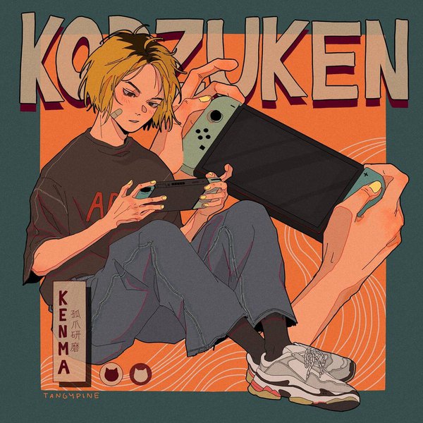 Anime picture 1080x1080 with haikyuu!! nintendo production i.g kozume kenma tangypine single blush short hair blonde hair sitting brown eyes signed full body nail polish multicolored hair two-tone hair character names crossed legs looking down bandaid on face