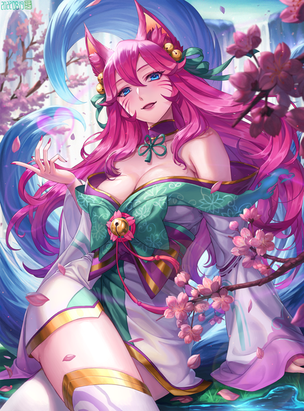 Anime picture 1800x2432 with league of legends ahri (league of legends) spirit blossom ahri bbbox (hotpppink) single long hair tall image looking at viewer blush fringe highres breasts open mouth blue eyes light erotic smile hair between eyes large breasts sitting animal ears