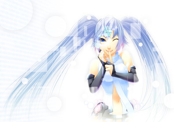 Anime picture 2480x1748 with vocaloid hatsune miku tomokatsu (artist) single long hair highres blue eyes simple background smile twintails blue hair one eye closed wink girl gloves elbow gloves fingerless gloves