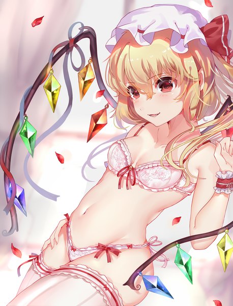 Anime picture 1200x1572 with touhou flandre scarlet natsupi single long hair tall image blush fringe breasts open mouth light erotic blonde hair smile hair between eyes red eyes looking away fingernails underwear only one side up girl