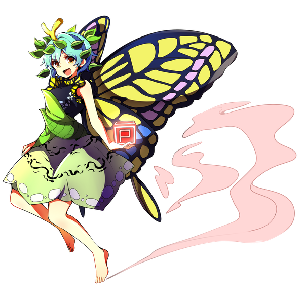 Anime picture 1426x1403 with touhou eternity larva baba (baba seimaijo) single looking at viewer short hair open mouth brown eyes full body barefoot aqua hair transparent background insect wings butterfly wings antennae girl dress wings cube