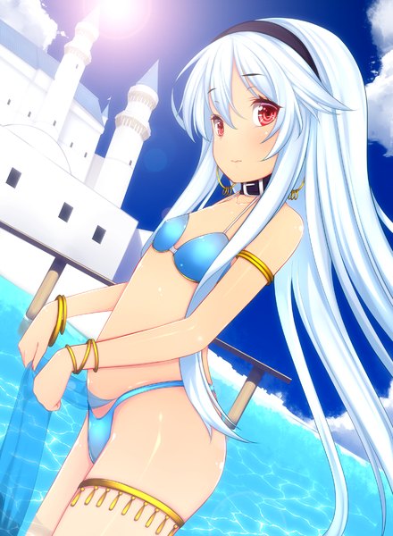 Anime-Bild 880x1200 mit original afilia (kiyomin) kiyomin single long hair tall image looking at viewer blush breasts light erotic red eyes white hair flat chest girl swimsuit earrings bracelet collar