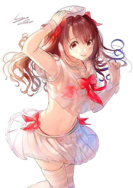 Anime picture 1452x2048 with idolmaster idolmaster cinderella girls shimamura uzuki koyo akio single long hair tall image simple background brown hair white background brown eyes pleated skirt from above midriff hand on head swimsuit under clothes girl thighhighs skirt bow