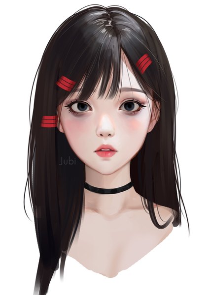 Anime picture 2064x2920 with original alyssa (jubi) jubi (regiana) single long hair tall image looking at viewer highres black hair simple background white background signed parted lips black eyes realistic lipstick portrait red lipstick girl choker