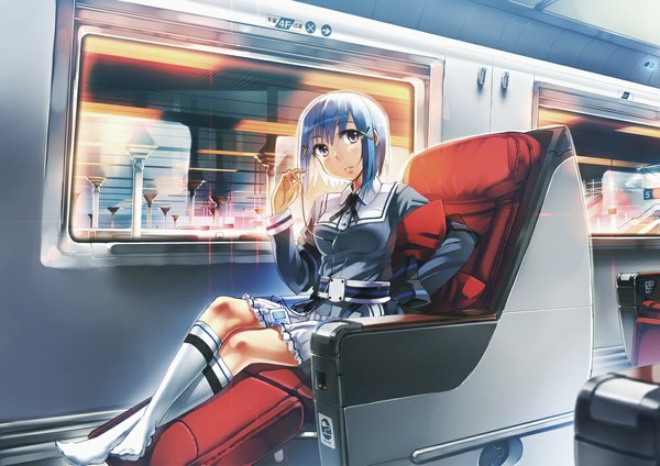 Anime picture 1000x707 with original siqi (miharuu) single looking at viewer short hair sitting blue hair black eyes train interior girl skirt socks headphones white socks digital media player