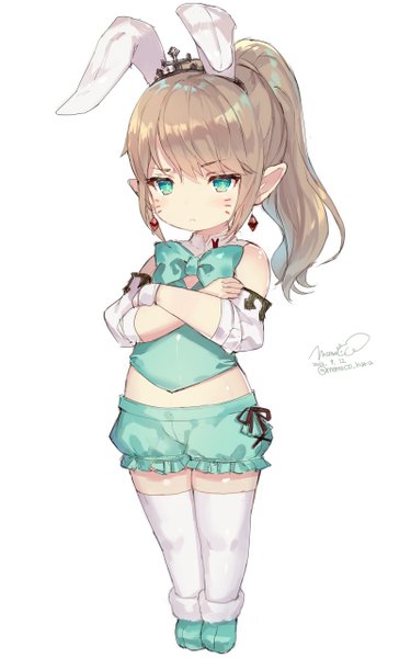 Anime-Bild 800x1280 mit final fantasy final fantasy xiv square enix lalafell momoko (momopoco) single long hair tall image looking at viewer simple background brown hair white background green eyes signed animal ears payot full body ponytail pointy ears midriff