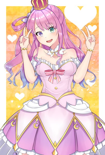 Anime picture 3400x5000 with virtual youtuber hololive himemori luna himemori luna (1st costume) ao12073010 single long hair tall image looking at viewer blush fringe highres breasts open mouth smile purple eyes green eyes pink hair absurdres off shoulder