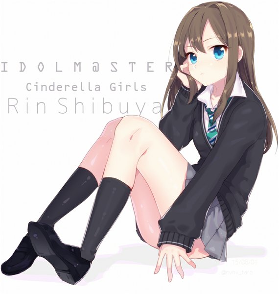Anime picture 950x1000 with idolmaster idolmaster cinderella girls shibuya rin etsuo single long hair tall image looking at viewer blue eyes simple background brown hair white background sitting arm support copyright name character names convenient censoring girl uniform school uniform