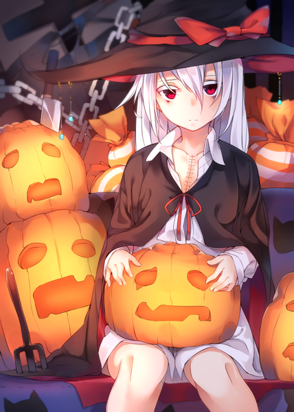 Anime picture 800x1122 with original otokuyou single long hair tall image looking at viewer fringe hair between eyes red eyes sitting bent knee (knees) white hair halloween girl hat food sweets chain cloak witch hat