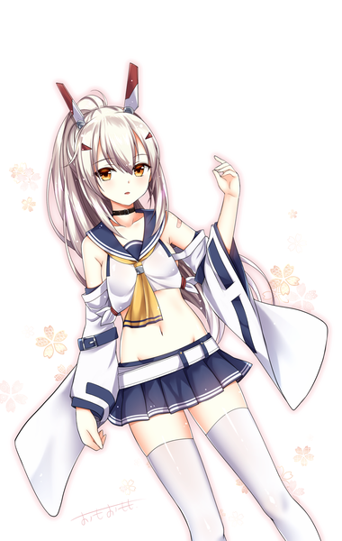 Anime-Bild 1140x1800 mit azur lane ayanami (azur lane) omoomomo single long hair tall image looking at viewer blush fringe breasts open mouth hair between eyes white background signed yellow eyes payot silver hair ahoge ponytail pleated skirt