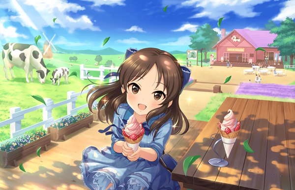 Anime picture 2560x1648 with idolmaster idolmaster cinderella girls tachibana arisu long hair looking at viewer blush highres open mouth brown hair brown eyes sky cloud (clouds) official art loli girl dress bow hair bow animal food
