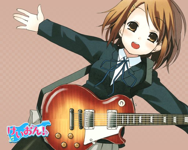 Anime picture 1280x1024 with k-on! kyoto animation hirasawa yui single blush short hair open mouth smile brown hair brown eyes girl skirt uniform hair ornament school uniform pantyhose hairclip guitar