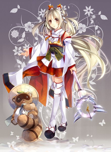 Anime picture 1432x1950 with original mochizuki shiina single long hair tall image looking at viewer blush brown eyes white hair tail traditional clothes japanese clothes miko multiple tails nontraditional miko girl thighhighs hair ornament flower (flowers) animal