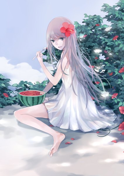 Anime picture 1000x1414 with original yu (kongxiang) single long hair tall image fringe sitting holding sky silver hair cloud (clouds) barefoot hair flower bare legs silver eyes girl dress hair ornament flower (flowers) plant (plants)