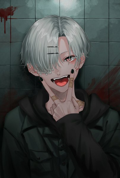 Anime picture 1378x2039 with original shiyon (shiyon44 me) single tall image looking at viewer fringe short hair open mouth brown eyes silver hair upper body nail polish hair over one eye teeth victory black nail polish blood on face blood stains bandaid on hand boy