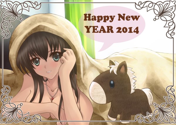 Anime picture 3507x2480 with original sawwei005 long hair looking at viewer blush highres blue eyes light erotic black hair absurdres framed new year happy new year 2014 girl toy stuffed animal