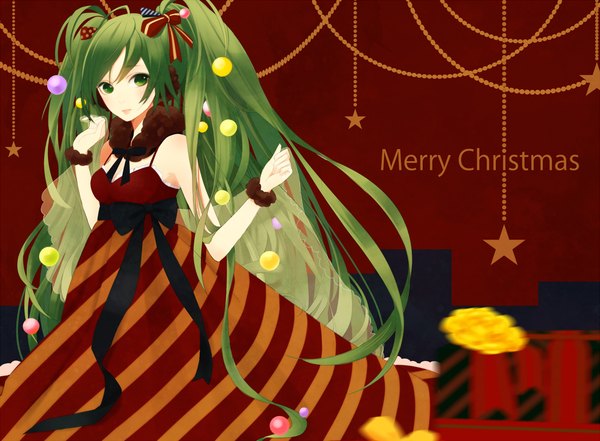 Anime picture 1100x810 with vocaloid hatsune miku coma (fginiy) single looking at viewer twintails green eyes very long hair green hair christmas merry christmas girl dress bow hair bow headphones garland