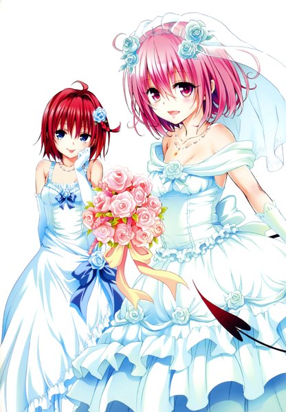 Anime picture 4821x6945 with toloveru toloveru darkness xebec momo velia deviluke kurosaki mea yabuki kentarou long hair tall image blush highres short hair open mouth blue eyes red eyes bare shoulders multiple girls pink hair absurdres red hair official art