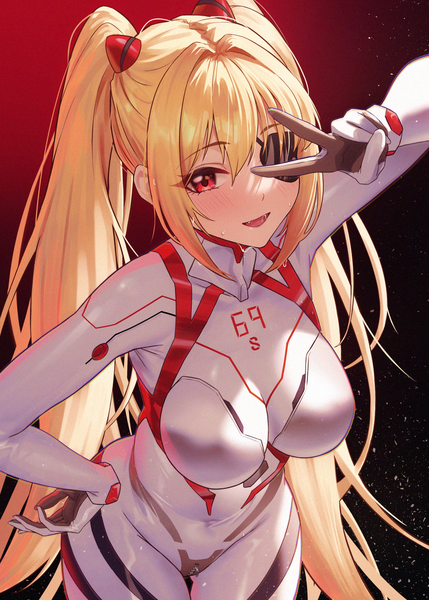 Anime picture 1217x1703 with neon genesis evangelion original gainax soryu asuka langley solar (happymonk) single long hair tall image looking at viewer blush fringe breasts open mouth light erotic simple background blonde hair hair between eyes red eyes large breasts standing