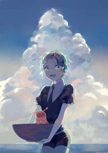 Anime picture 2480x3508 with houseki no kuni phosphophyllite ventricosus tamomoko tall image looking at viewer highres short hair open mouth holding green eyes sky cloud (clouds) green hair puffy sleeves horizon androgynous uniform necktie creature