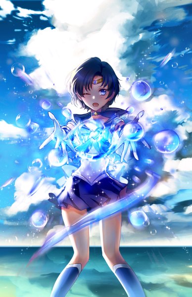 Anime picture 800x1237 with bishoujo senshi sailor moon toei animation mizuno ami sailor mercury stells single tall image looking at viewer blush fringe short hair open mouth blue eyes standing blue hair sky cloud (clouds) eyes closed pleated skirt one eye closed