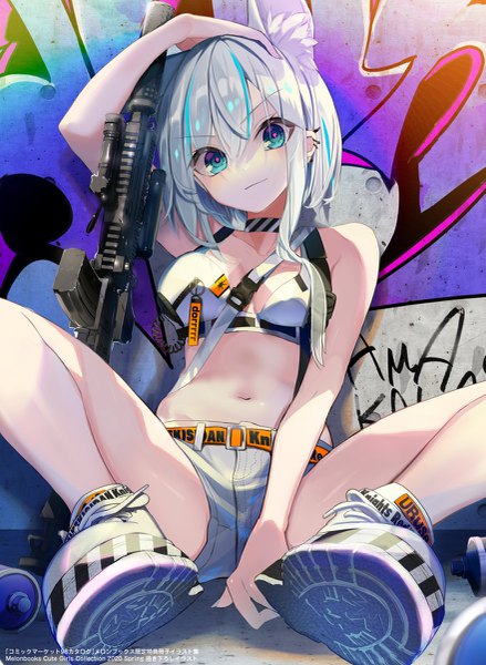 Anime picture 879x1200 with original melonbooks nekoboshi sakko single tall image looking at viewer fringe short hair breasts blue eyes light erotic hair between eyes sitting animal ears silver hair full body head tilt multicolored hair arm up two-tone hair