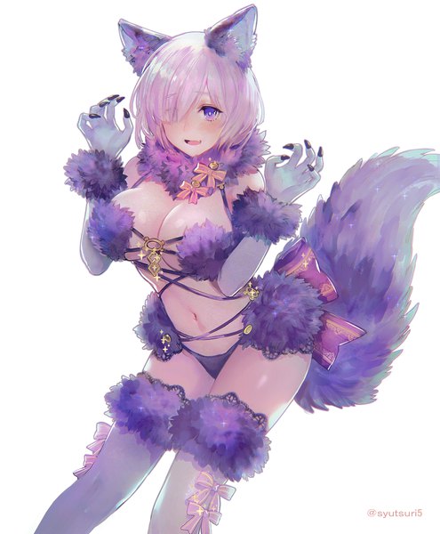 Anime picture 800x969 with fate (series) fate/grand order mash kyrielight dangerous beast shutsuri single tall image blush fringe short hair breasts open mouth light erotic simple background large breasts white background purple eyes signed animal ears purple hair
