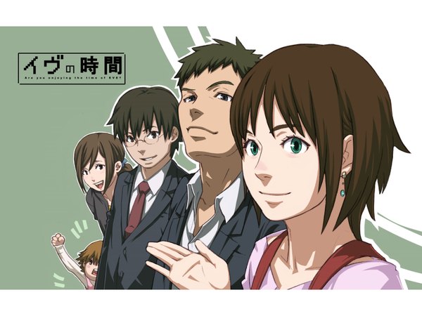 Anime picture 1600x1200 with eve no jikan sammy (eve no jikan) rikuo sakisaka nagi (eve no jikan) masakazu masaki akiko (eve no jikan) chie (eve no jikan) long hair looking at viewer short hair open mouth blue eyes black hair smile brown hair standing multiple girls brown eyes ponytail light smile