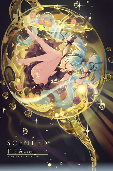 Anime picture 992x1498 with vocaloid hatsune miku atdan single tall image looking at viewer fringe light erotic smile signed full body ass very long hair barefoot aqua eyes aqua hair sparkle armpit (armpits) alternate costume character names