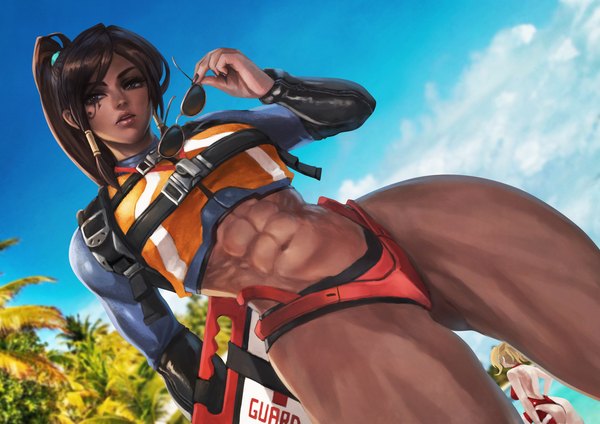 Anime-Bild 3508x2480 mit baywatch overwatch blizzard entertainment mercy (overwatch) pharah (overwatch) lifeguard pharah monori rogue long hair looking at viewer fringe highres open mouth light erotic blonde hair brown hair standing multiple girls holding brown eyes absurdres