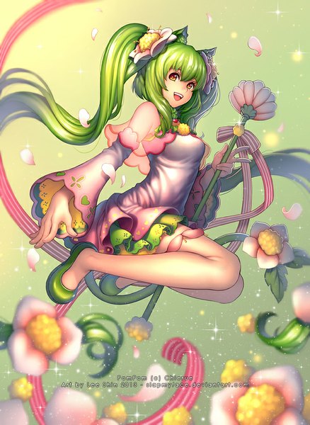 Anime picture 600x821 with slapmyface single tall image fringe breasts open mouth twintails brown eyes very long hair green hair wide sleeves happy looking up jumping glow girl hair ornament detached sleeves petals shoes