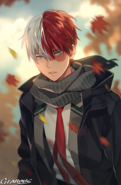 Anime picture 788x1200 with boku no hero academia studio bones todoroki shouto gearous single tall image looking at viewer fringe short hair hair between eyes standing signed sky silver hair cloud (clouds) upper body outdoors red hair parted lips multicolored hair
