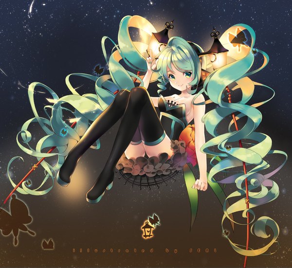 Anime picture 1000x921 with vocaloid hatsune miku lamp miku seal (pukozin) single looking at viewer smile very long hair aqua eyes aqua hair drill hair girl thighhighs dress black thighhighs lamp