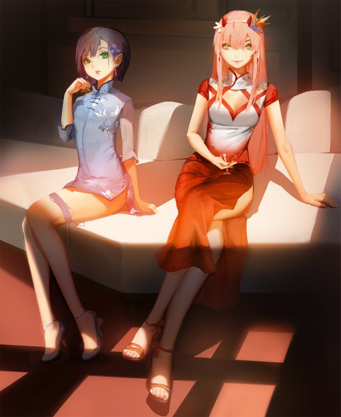 Anime picture 1177x1440 with darling in the franxx studio trigger zero two (darling in the franxx) ichigo (darling in the franxx) blackrabbitsoul long hair tall image looking at viewer fringe short hair smile hair between eyes sitting multiple girls holding green eyes payot blue hair pink hair traditional clothes