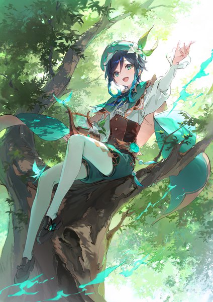 Anime picture 1414x2000 with genshin impact venti (genshin impact) crystalfly (genshin impact) dsmile single tall image fringe short hair open mouth black hair hair between eyes sitting outdoors braid (braids) :d from below twin braids outstretched arm rhombus tree sitting