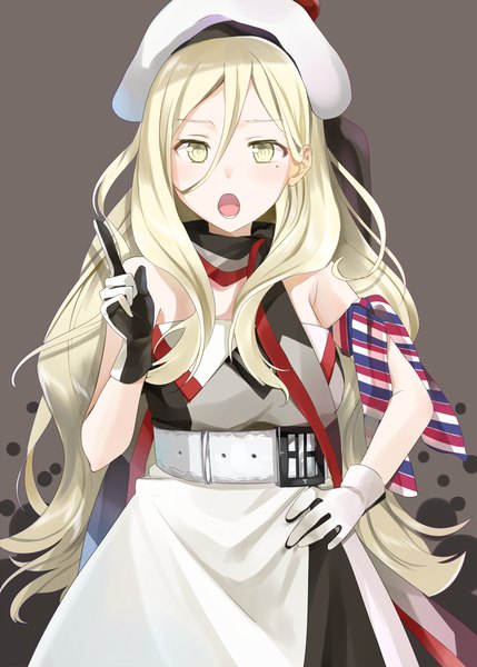 Anime picture 1000x1399 with kantai collection richelieu (kantai collection) yuna (yukiyuna) single long hair tall image fringe open mouth simple background blonde hair hair between eyes standing yellow eyes mole hand on hip mole under eye girl dress gloves belt