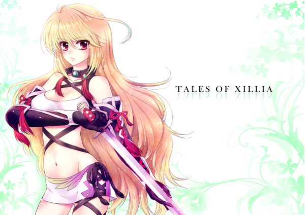 Anime picture 1500x1061 with tales of (series) tales of xillia milla maxwell mika mikan (artist) single long hair blonde hair red eyes copyright name girl gloves navel ribbon (ribbons) weapon detached sleeves sword elbow gloves