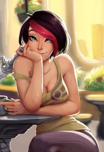 Anime picture 1875x2752 with league of legends fiora (league of legends) carlos eduardo single tall image looking at viewer highres short hair breasts blue eyes smile sitting ahoge multicolored hair two-tone hair alternate costume streaked hair hand on cheek girl weapon
