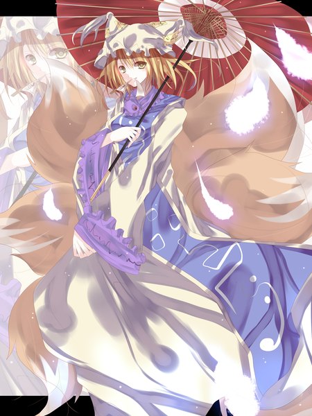 Anime picture 2000x2666 with touhou yakumo ran heath41 tall image highres blonde hair yellow eyes animal tail mouth hold fox tail multiple tails girl hat umbrella