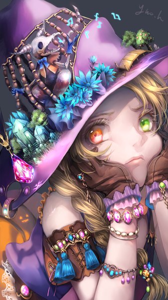 Anime picture 800x1422 with original nemumi no sora single long hair tall image blonde hair red eyes green eyes braid (braids) arm support heterochromia single braid frown girl gloves flower (flowers) plant (plants) hat earrings tree (trees)